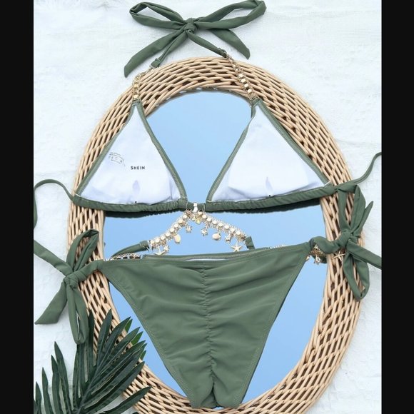 Shein Rhinestone Chain Linked Tie Side Bikini Swimsuit in Army Green (2 pc set) - Picture 3 of 12